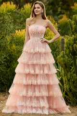 Strapless Tiered Corset Blush Prom Dress with Ruffles