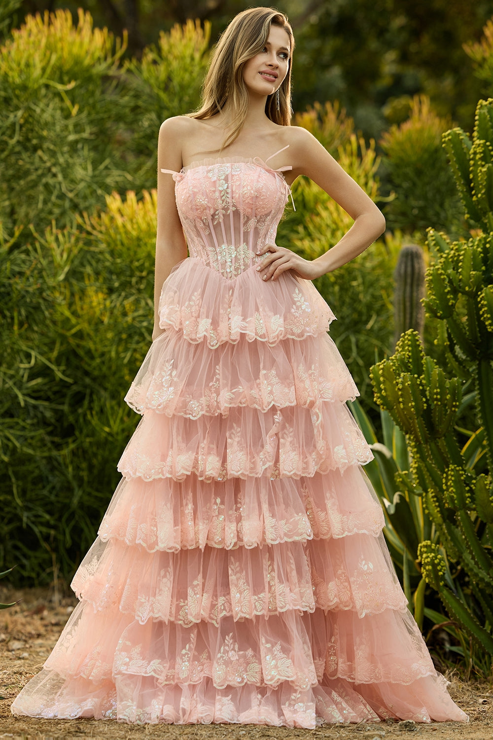 Strapless Tiered Corset Blush Prom Dress with Ruffles