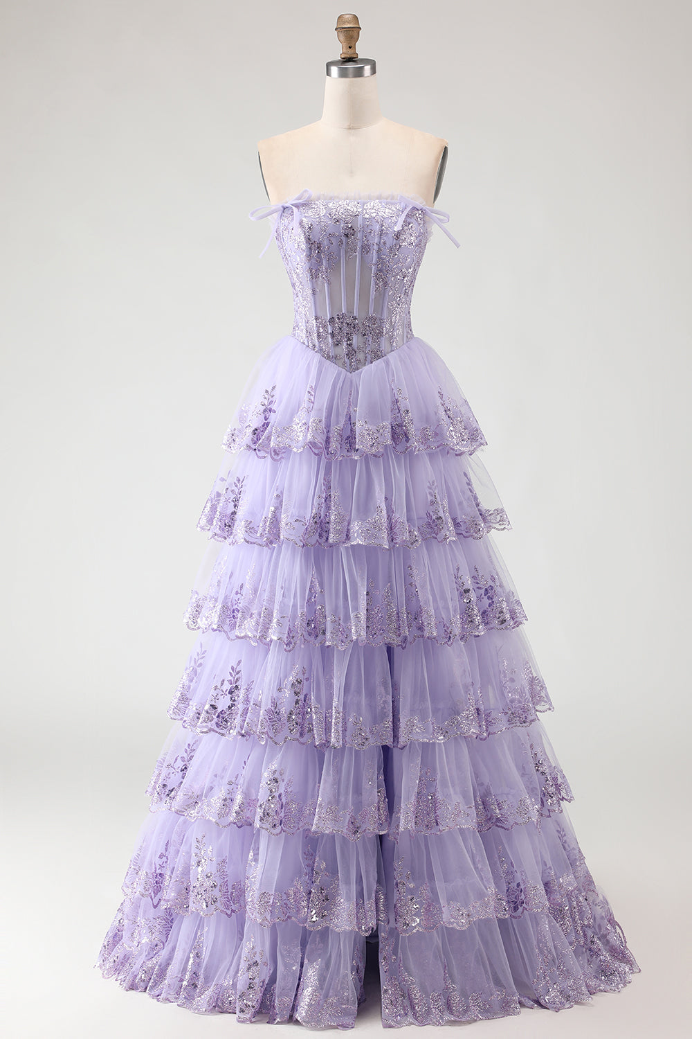 Strapless Lilac Tiered Corset Prom Dress with Ruffles