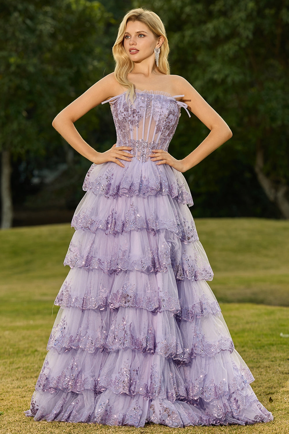Strapless Tiered Corset Blush Prom Dress with Ruffles