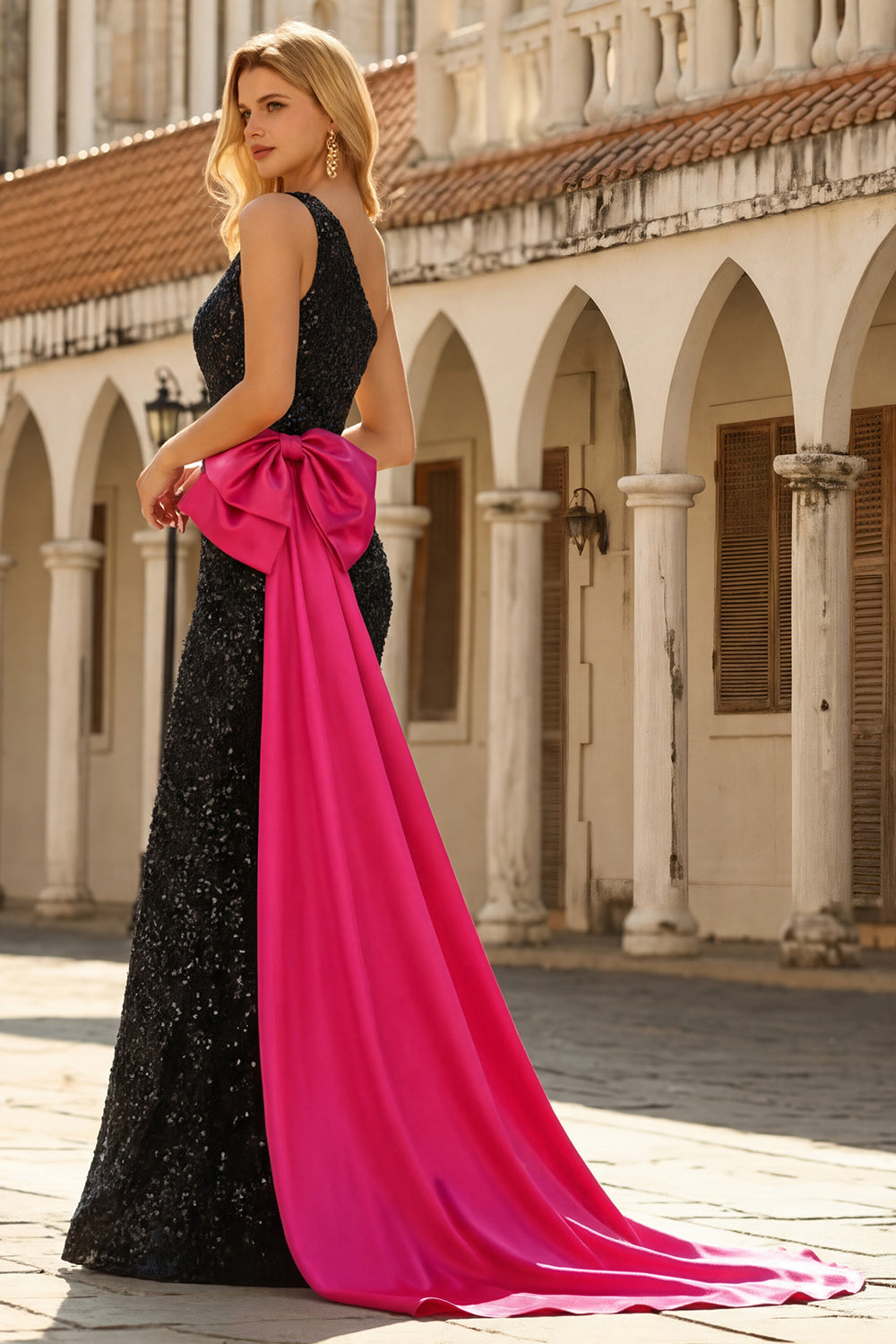 Sparkly One Shoulder Black Prom Dress with Bow