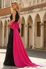 Sparkly One Shoulder Black Prom Dress with Bow