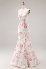 Elegant White Pink Floral Mermaid Maxi Prom Dress