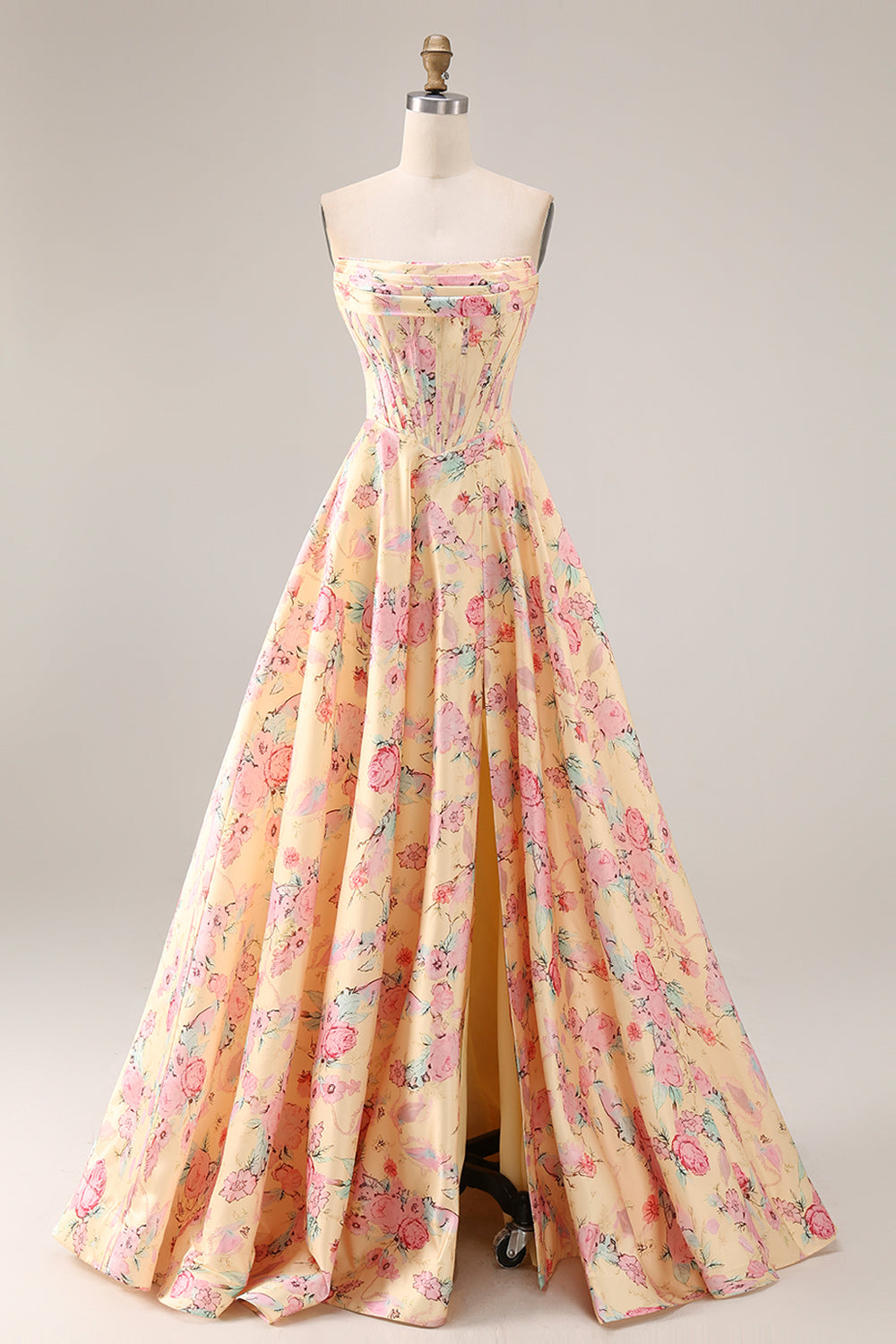 Strapless Yellow Pink Floral Corset A Line Prom Dress