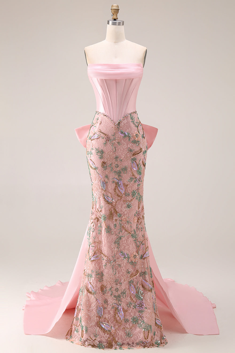 Strapless Basque Waist Floral Pink Bowed Prom Dress