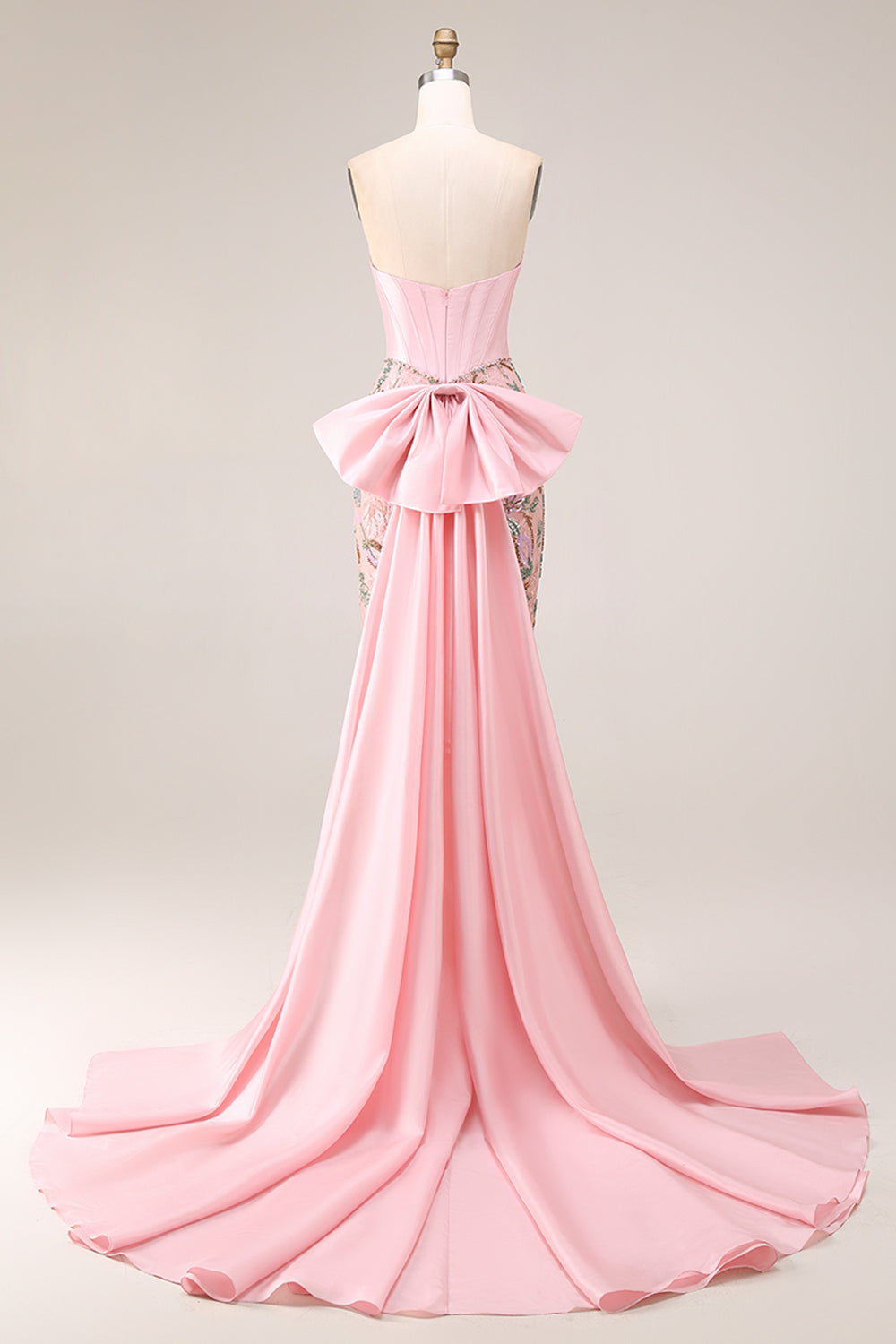 Strapless Basque Waist Floral Pink Bowed Prom Dress