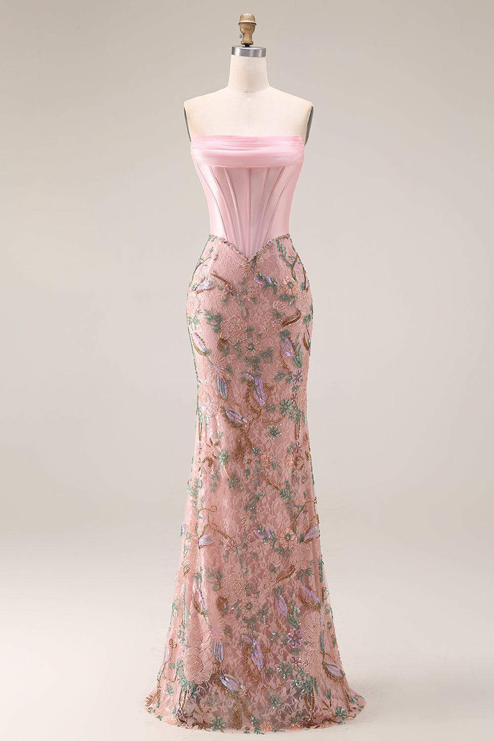 Strapless Basque Waist Floral Pink Bowed Prom Dress