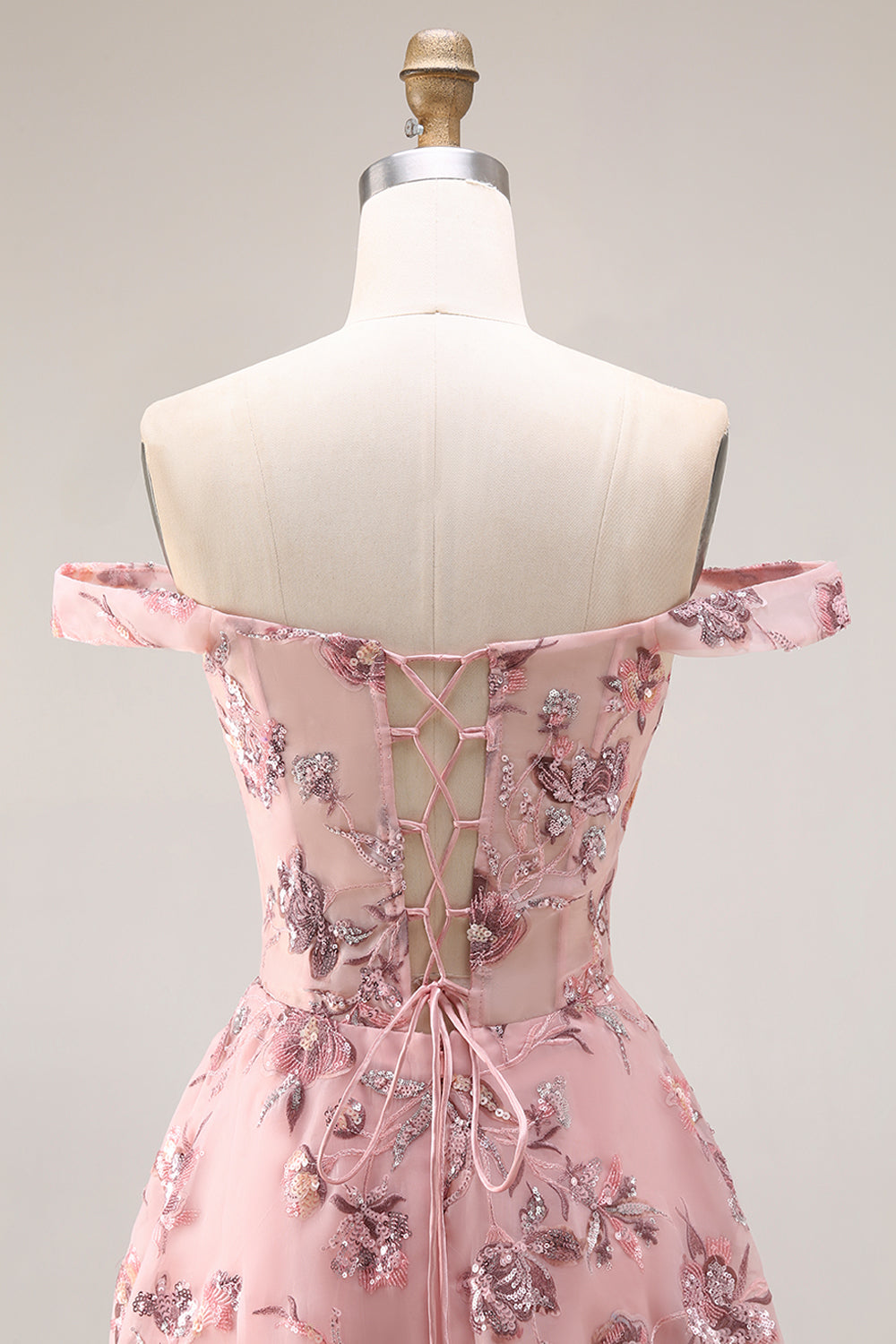 Off the Shoulder Corset Floral Blush A Line Prom Dress