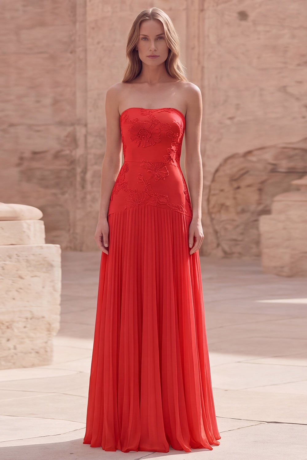 Strapless Yellow A Line Appliqued Maxi Prom Dress