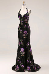 Velvet Halter Embroidered Sequin Black Floral Prom Dress