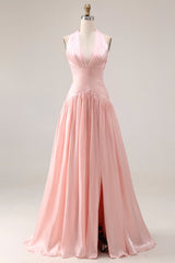 Halter Ruched A Line Blush Pink Satin Prom Dress