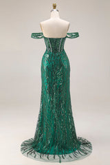 Off the Shoulder Basque Waist Dark Green Sequin Prom Dress