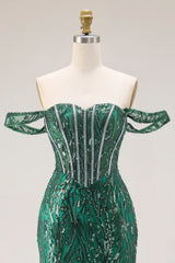 Off the Shoulder Basque Waist Dark Green Sequin Prom Dress