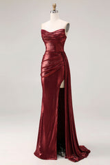 Metallic Burgundy Strapless Ruched Prom Dress