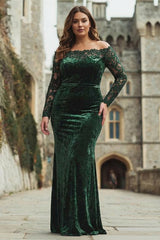 Dark Green Off the Shoulder Velvet Plus Size Holiday Dress