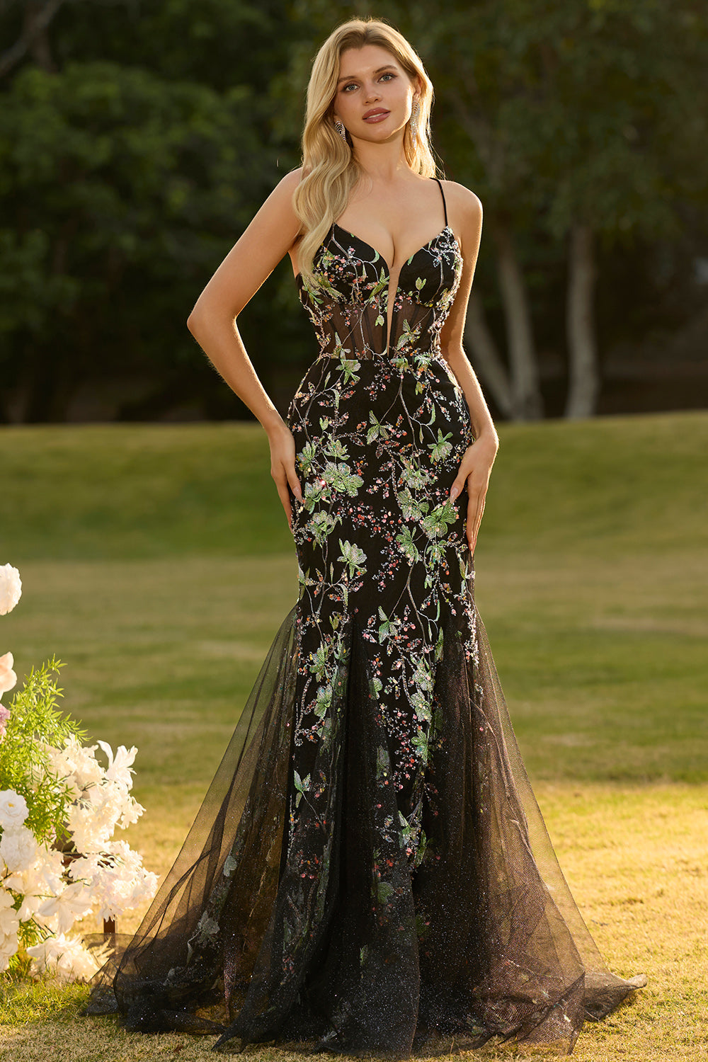 Pink Floral Mermaid Corset Spaghetti Straps Prom Dress