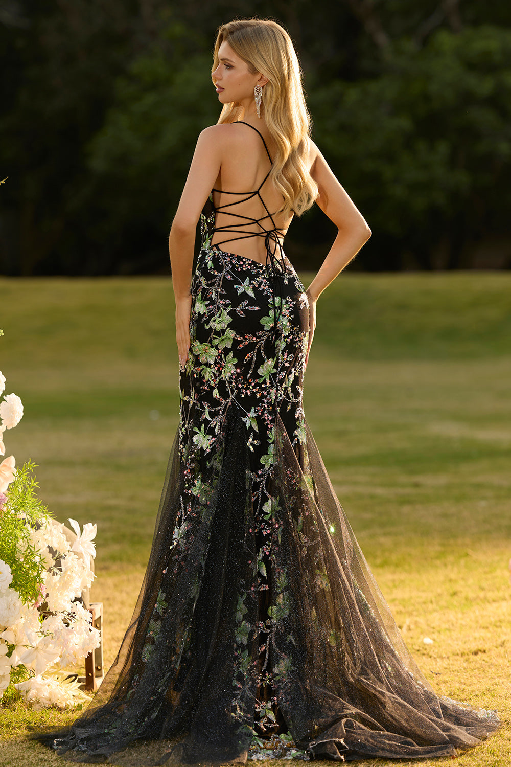 Sparkly Black Floral Mermaid Corset Maxi Prom Dress