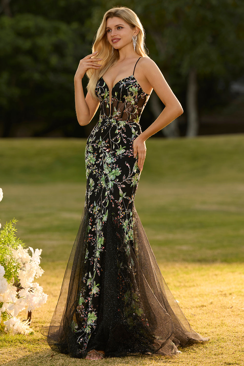 Yellow Floral Mermaid Corset Maxi Prom Dress