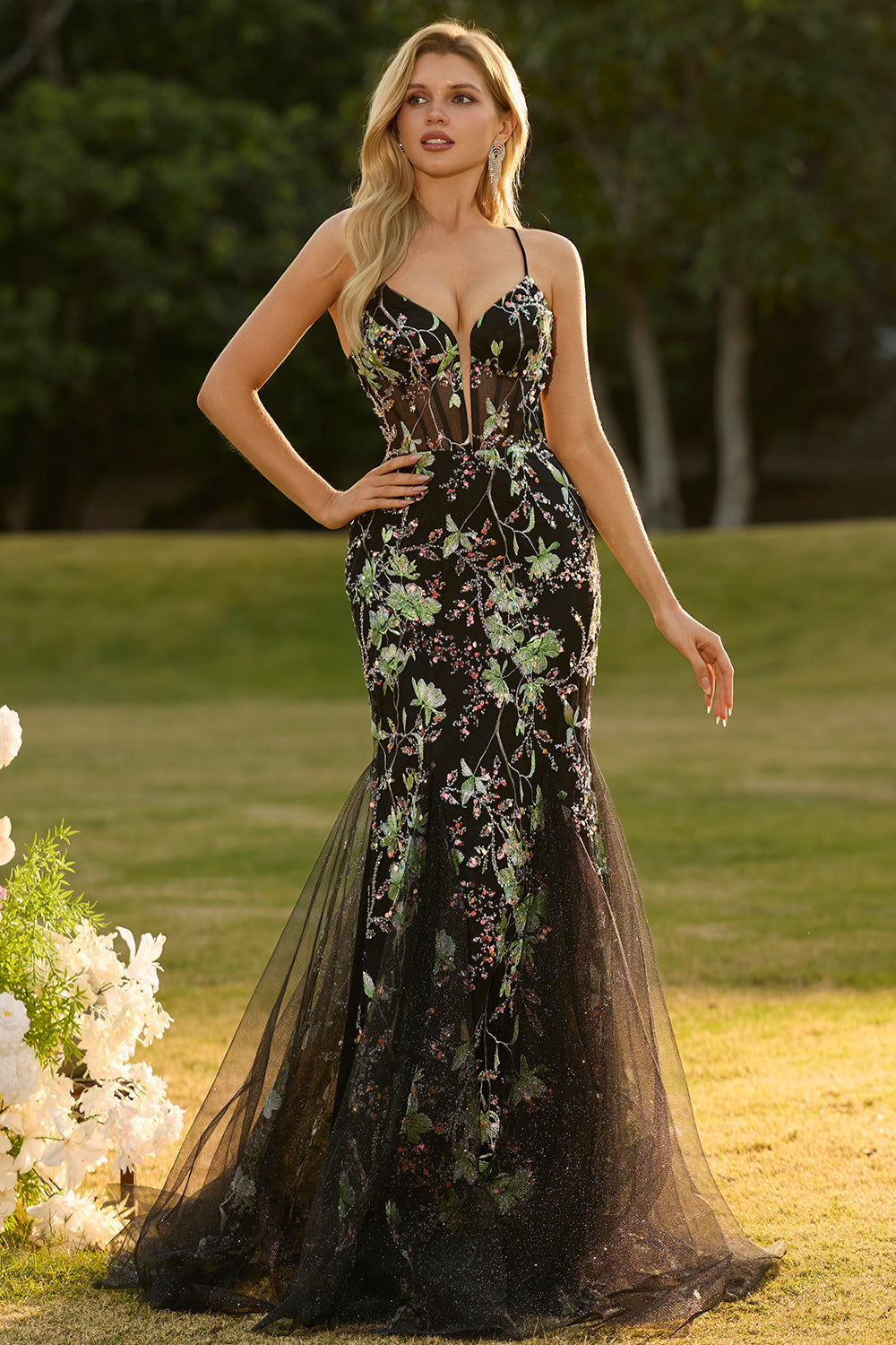 Pink Floral Mermaid Corset Spaghetti Straps Prom Dress