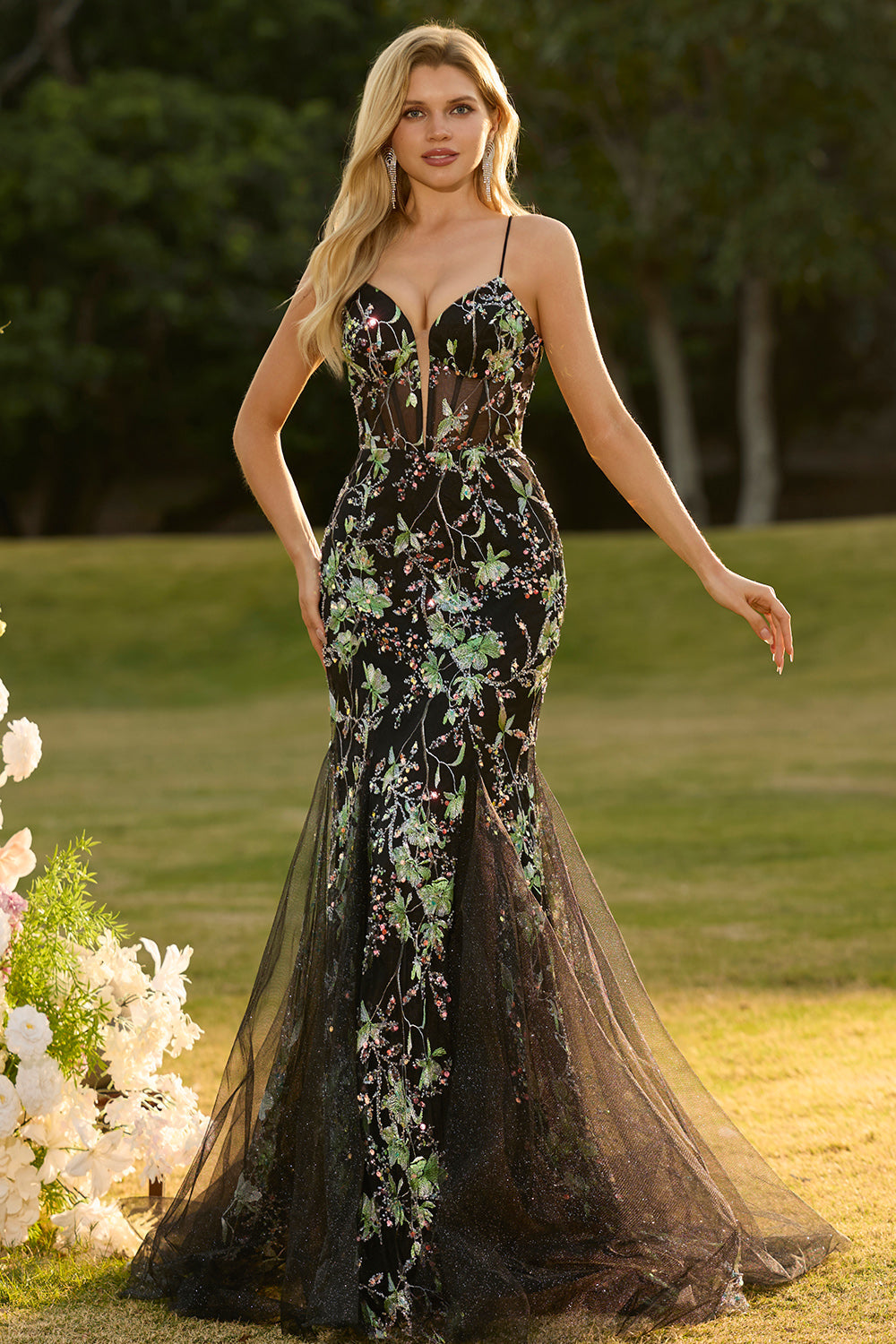 Sparkly Black Floral Mermaid Corset Maxi Prom Dress