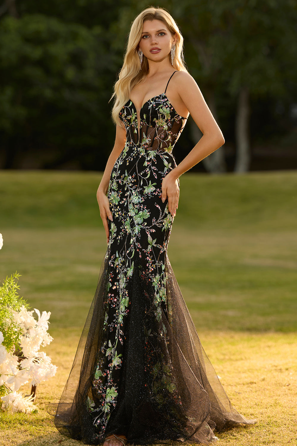 Yellow Floral Mermaid Corset Maxi Prom Dress