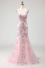 Pink Floral Mermaid Corset Spaghetti Straps Prom Dress