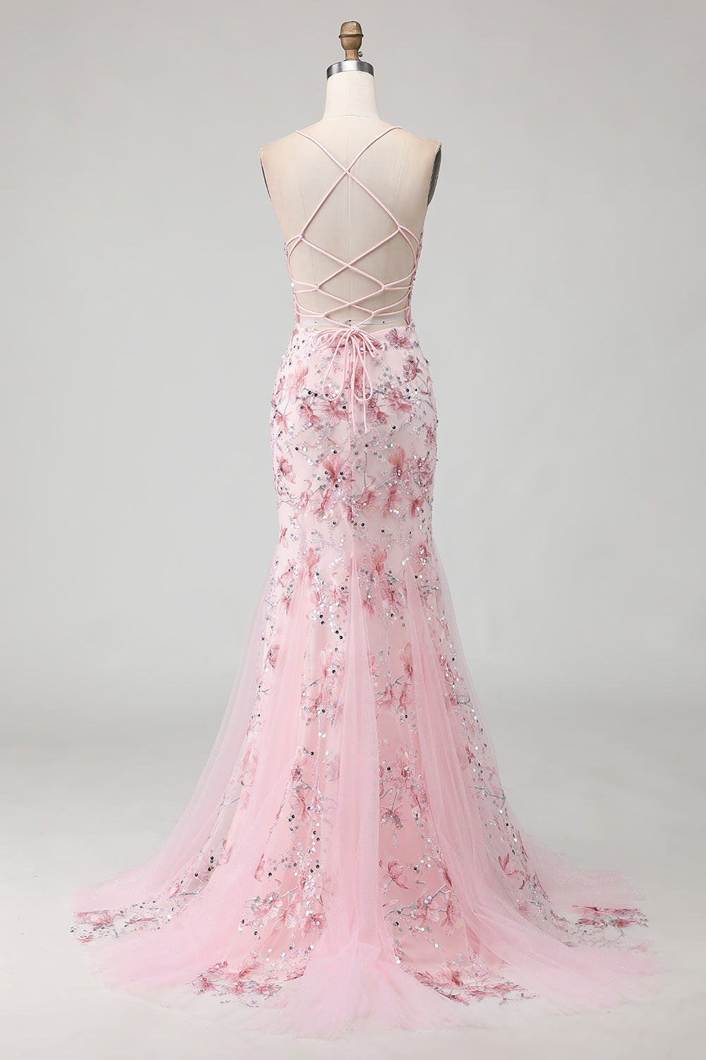 Pink Floral Mermaid Corset Spaghetti Straps Prom Dress