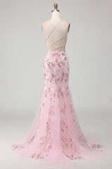 Pink Floral Mermaid Corset Spaghetti Straps Prom Dress
