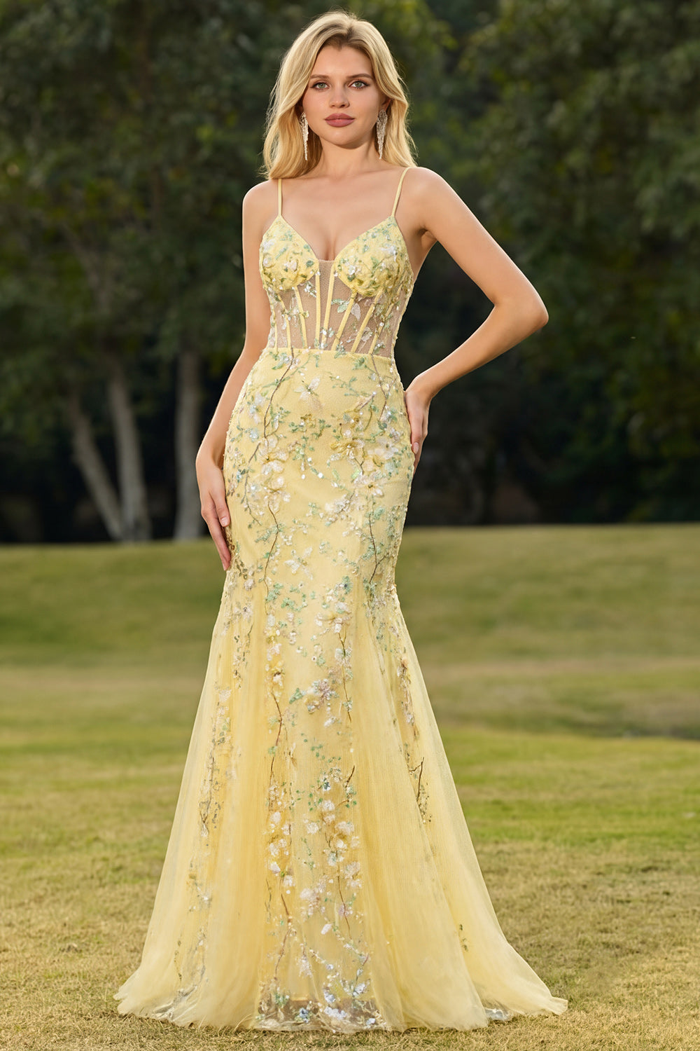 Pink Floral Mermaid Corset Spaghetti Straps Prom Dress