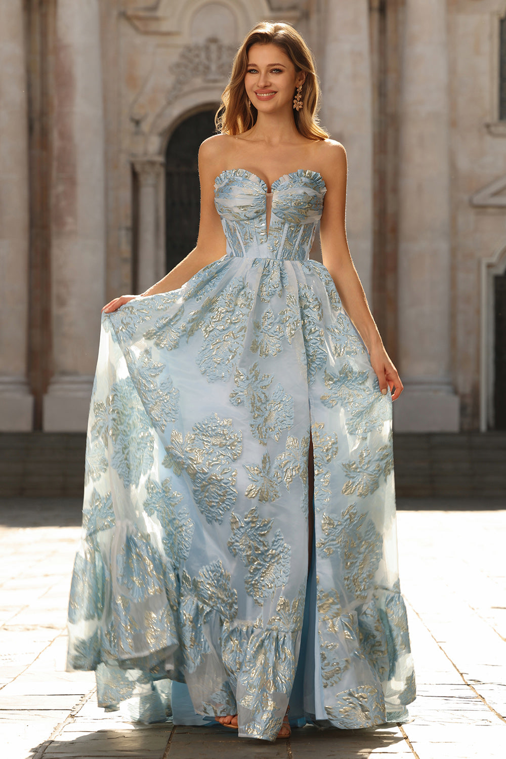 Pink A Line Floral Strapless Corset Prom Dress with Ruffles