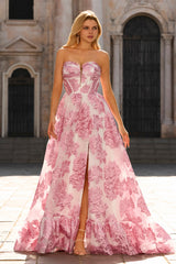 Pink A Line Floral Strapless Corset Prom Dress with Ruffles