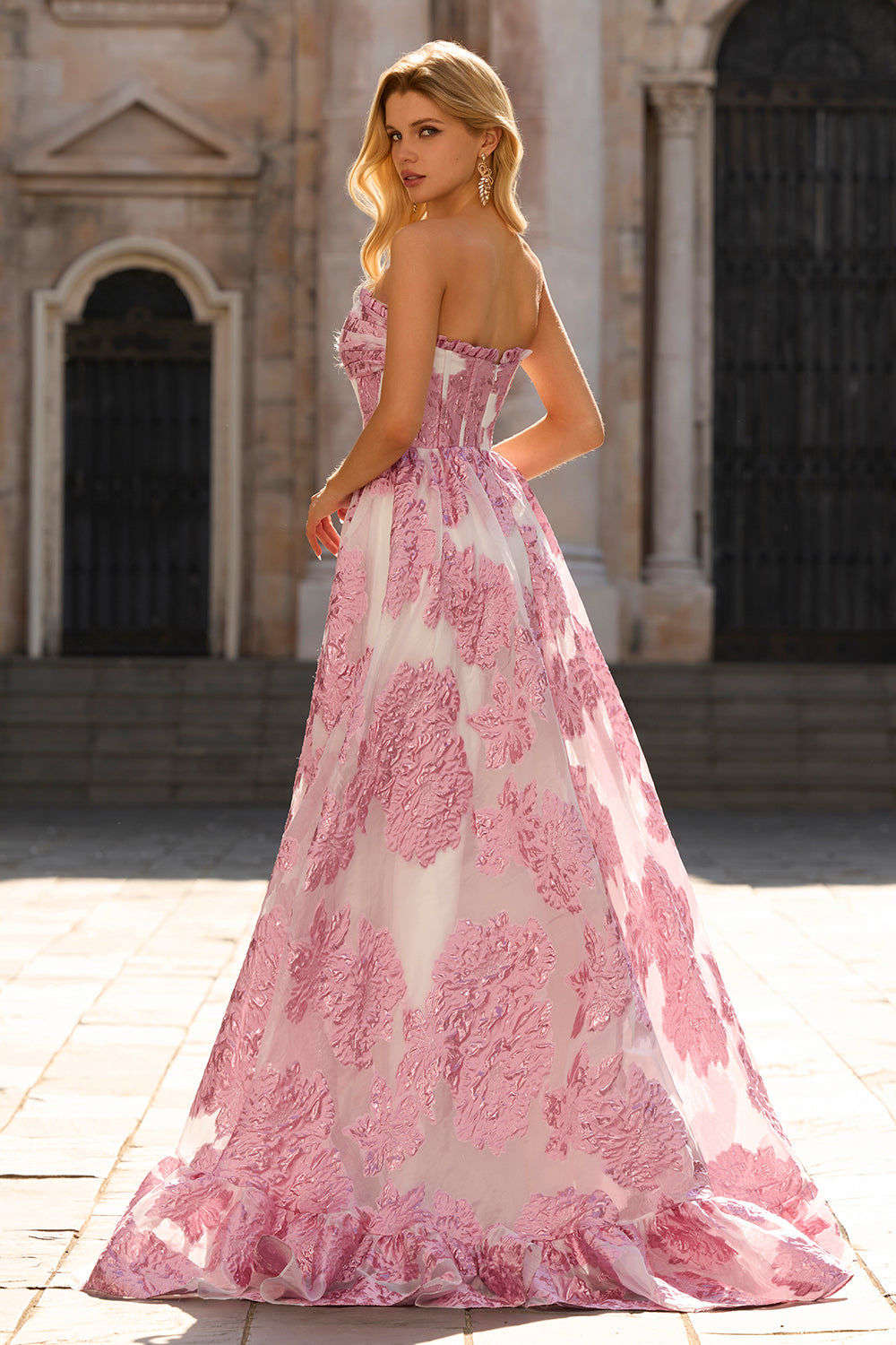Pink A Line Floral Strapless Corset Prom Dress with Ruffles