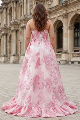 Pink A Line Floral Strapless Plus Size Corset Prom Dress