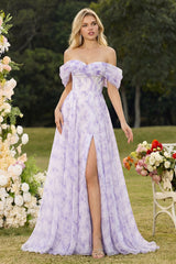 Off the Shoulder Floral Lilac A Line Corset Prom Dress