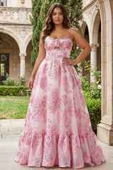 3D Flower Cut Out Pink Floral Plus Size Corset Prom Dress
