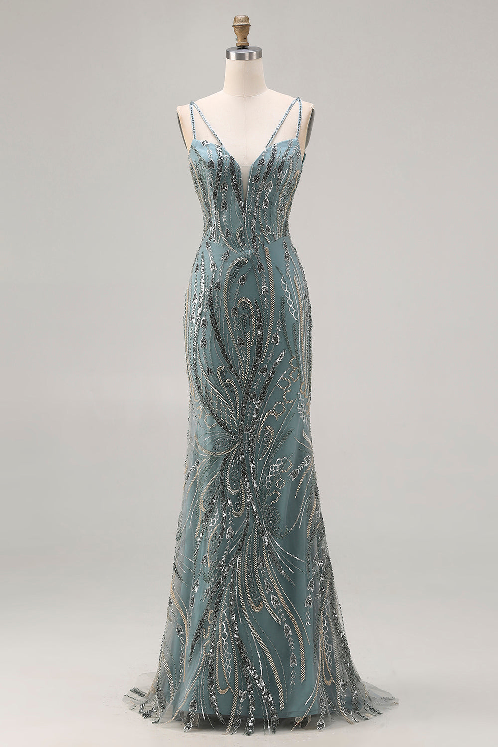 Sparkly Grey Green Beaded Mermaid Maxi Prom Dress