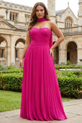 Strapless Plus Size Fuchsia A Line Pleated Prom Dress