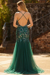 Sparkly Dark Green Mermaid Appliqued Maxi Prom Dress