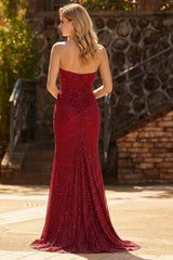 Strapless Beaded Mermaid Red Maxi Prom Dress
