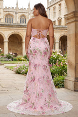 Pink Floral Plus Size Strapless Corset Mermaid Prom Dress