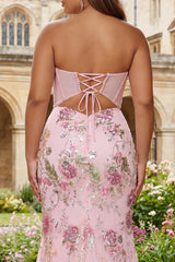 Pink Floral Plus Size Strapless Corset Mermaid Prom Dress