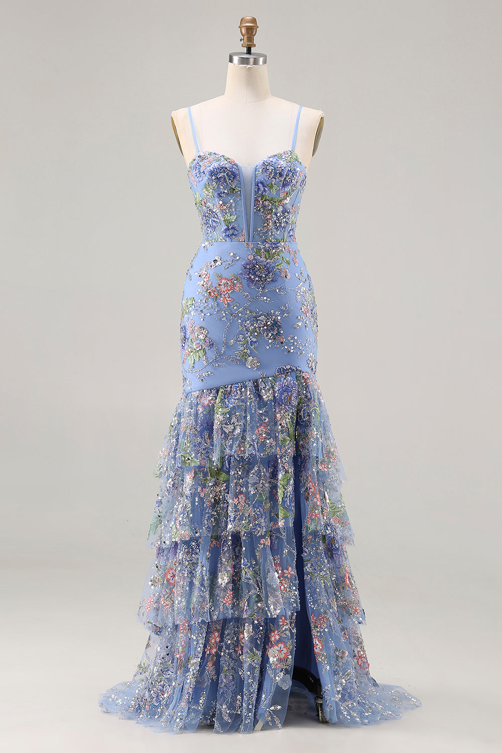 Blue Mermaid Floral Corset Sequin Prom Dress with Ruffles