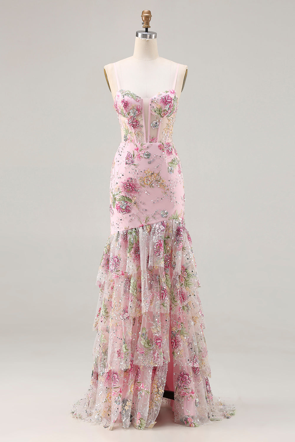 Pink Floral Tiered Mermaid Sequin Prom Dress with Ruffles