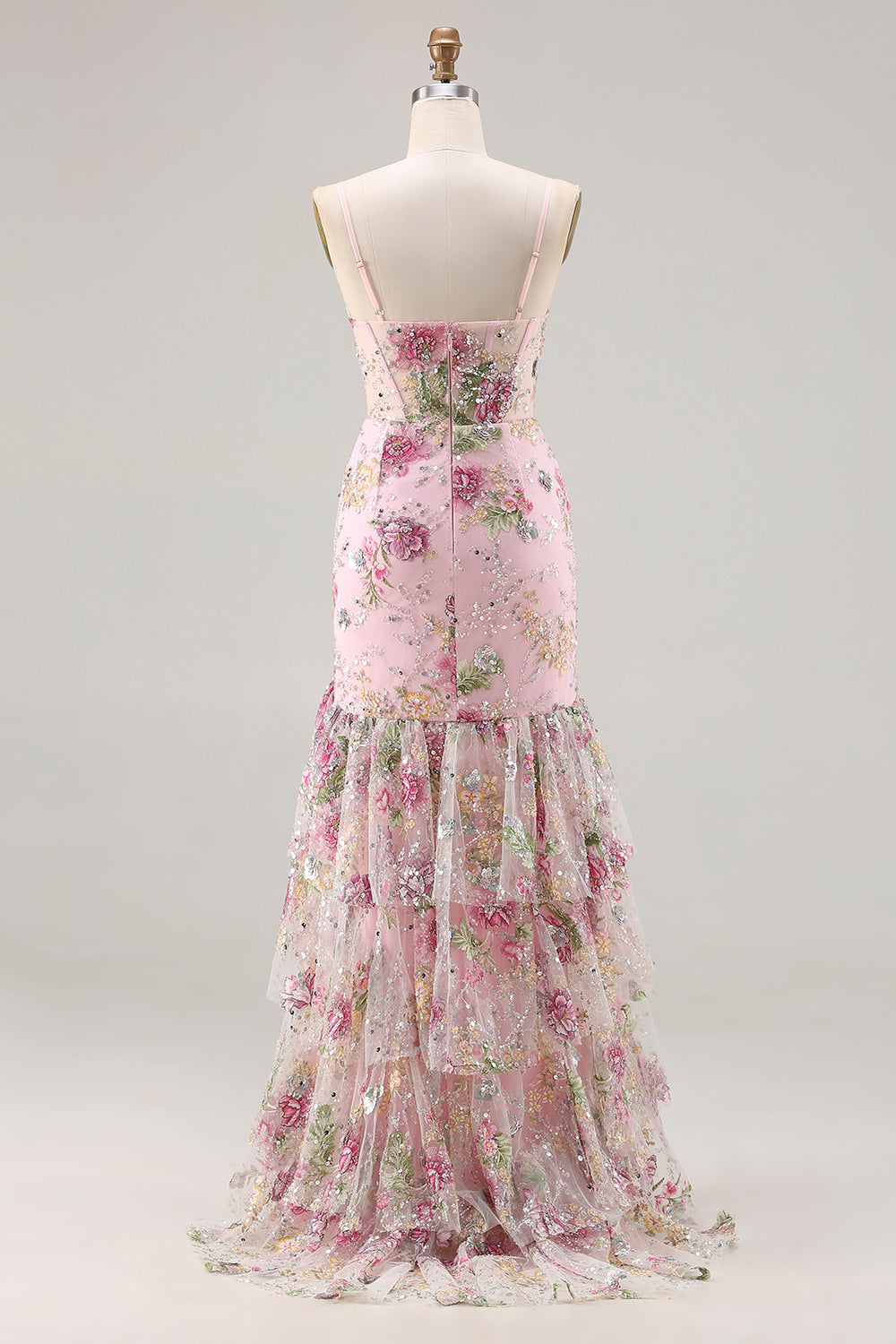 Pink Floral Tiered Mermaid Sequin Prom Dress with Ruffles