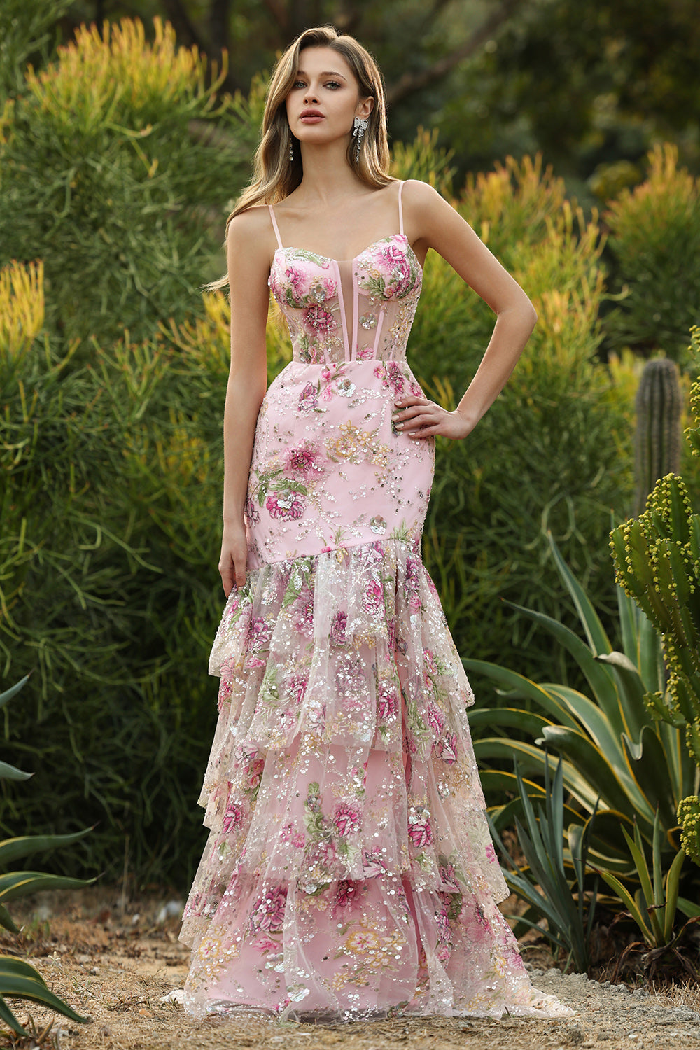 Blue Mermaid Floral Corset Sequin Prom Dress with Ruffles