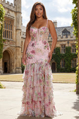 Pink Floral Plus Size Tiered Mermaid Sequin Prom Dress