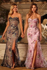Sparkly Pink Floral Mermaid Strapless Corset Prom Dress