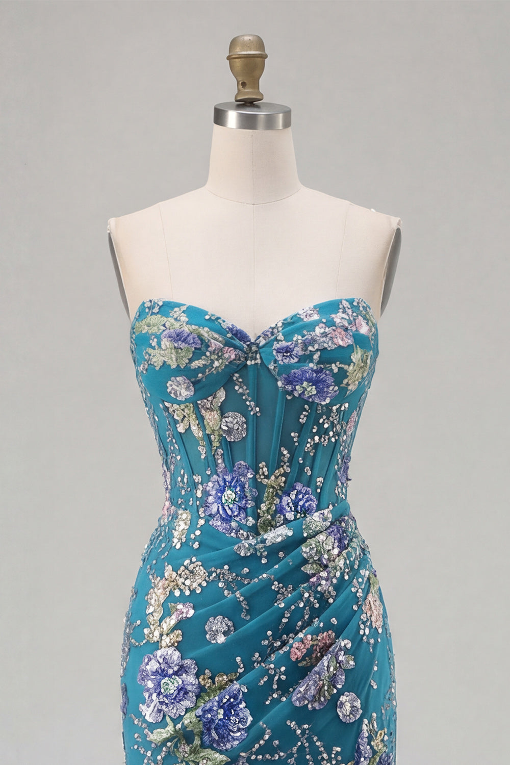 Sparkly Pink Floral Mermaid Strapless Corset Prom Dress