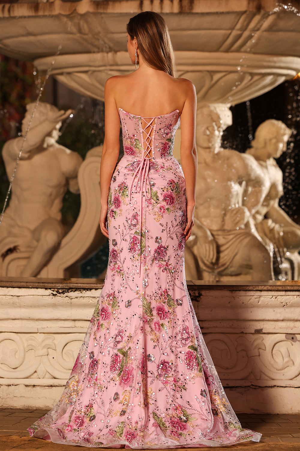 Sparkly Pink Floral Mermaid Strapless Corset Prom Dress