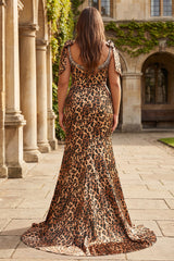 Plus Size Brown Leopard Mermaid Bowed Prom Dress